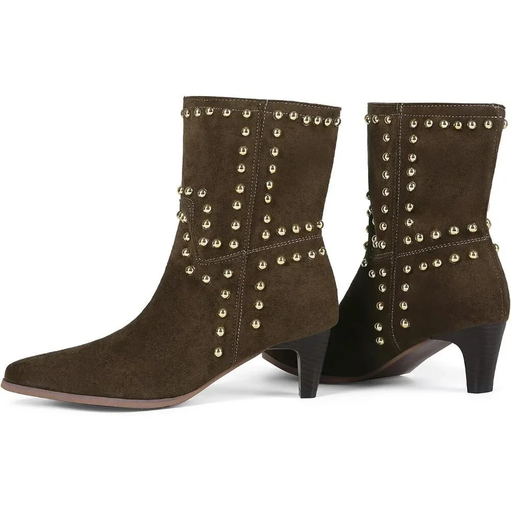 Women's Brown Ankle Boots Pointed Toe Low Kitten Heel Slip On Rivet Booties